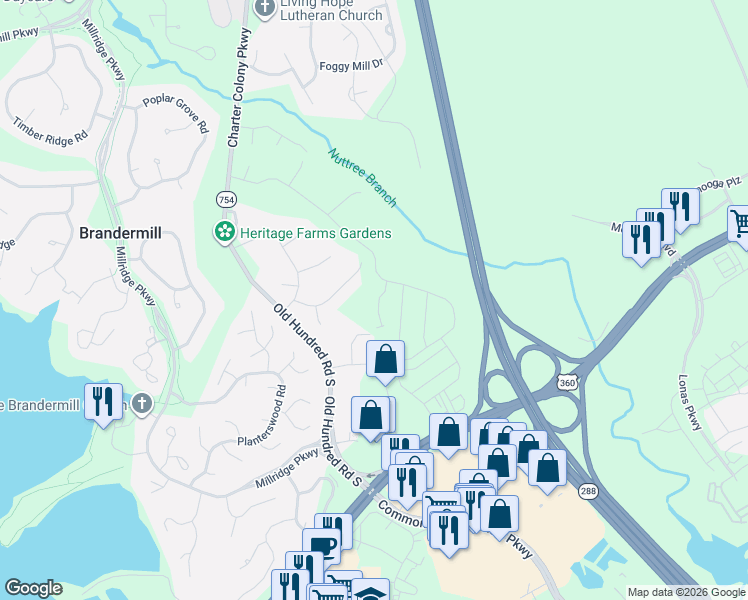 map of restaurants, bars, coffee shops, grocery stores, and more near 4561 Lifestyle Lane in Midlothian