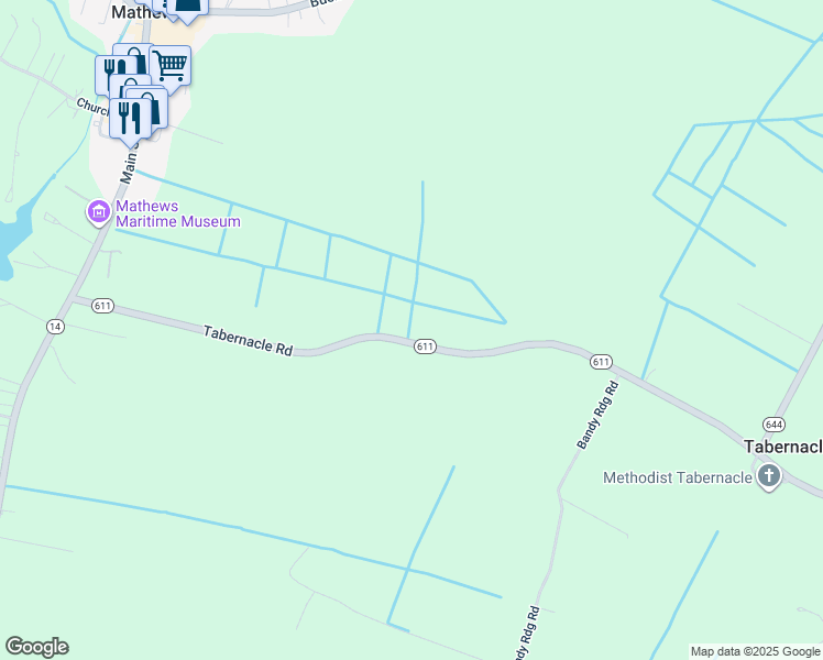 map of restaurants, bars, coffee shops, grocery stores, and more near 731 Tabernacle Road in Mathews
