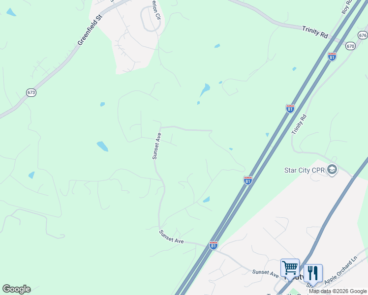 map of restaurants, bars, coffee shops, grocery stores, and more near 101 Keswick Farm Road in Troutville