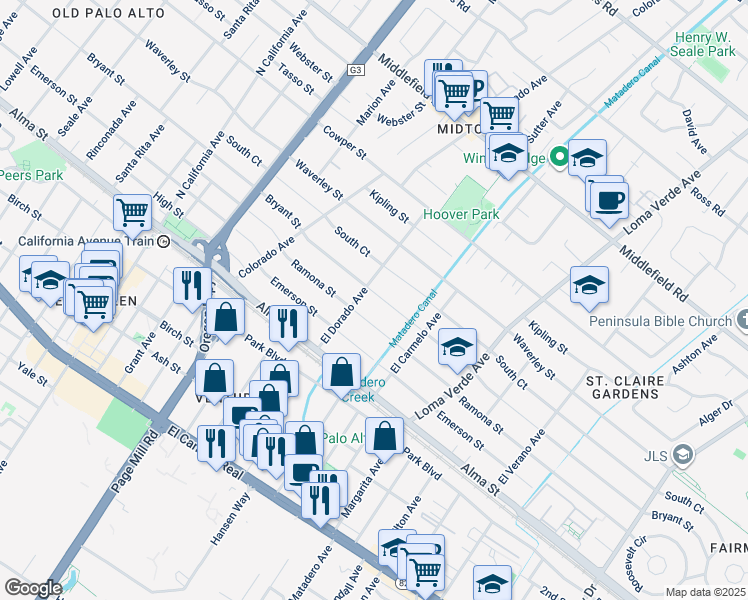 map of restaurants, bars, coffee shops, grocery stores, and more near 2830 Bryant Street in Palo Alto