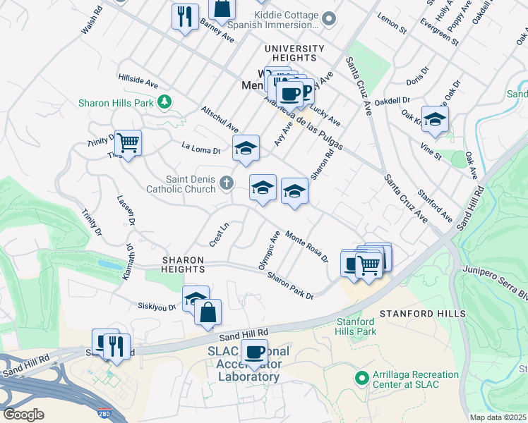 map of restaurants, bars, coffee shops, grocery stores, and more near 810 Monte Rosa Drive in Menlo Park
