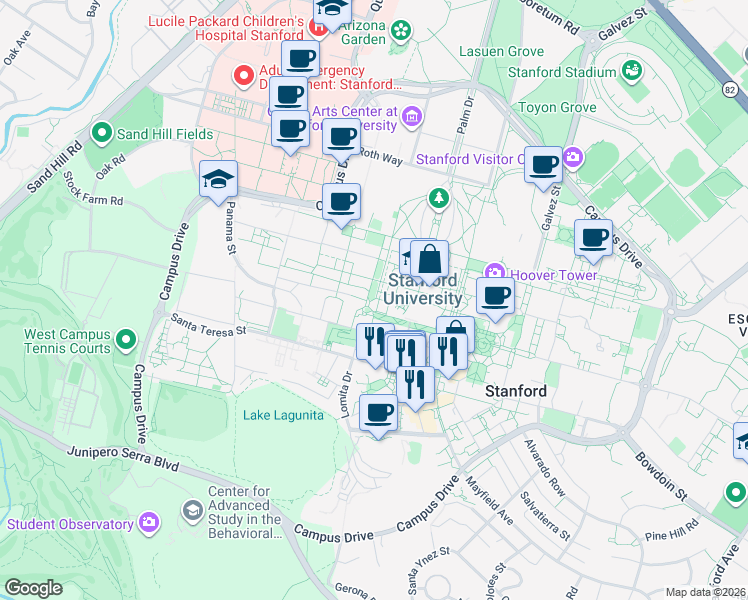 map of restaurants, bars, coffee shops, grocery stores, and more near Lomita Mall in Stanford