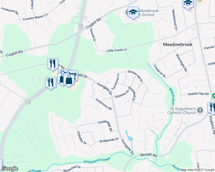 map of restaurants, bars, coffee shops, grocery stores, and more near 6601 Irongate Drive in Richmond