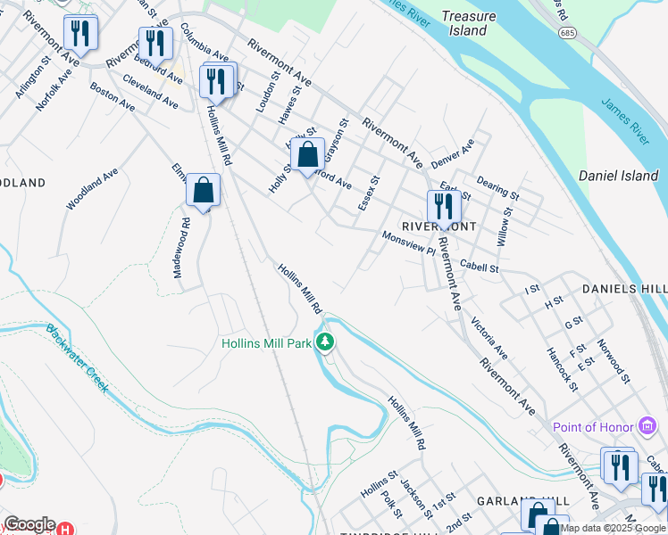 map of restaurants, bars, coffee shops, grocery stores, and more near 800 David Street in Lynchburg