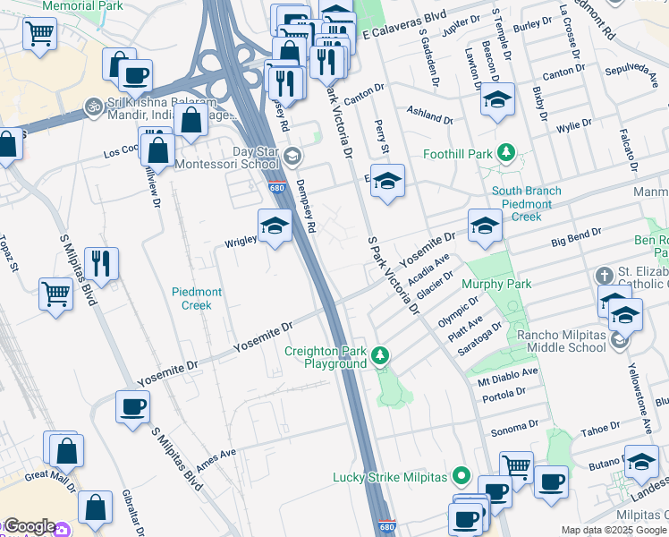 map of restaurants, bars, coffee shops, grocery stores, and more near 555 South Park Victoria Drive in Milpitas