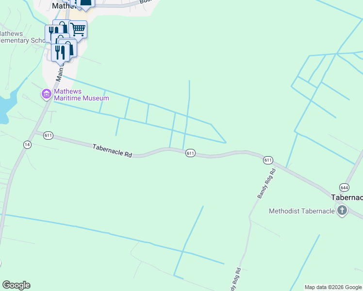 map of restaurants, bars, coffee shops, grocery stores, and more near Tabernacle Road in Mathews