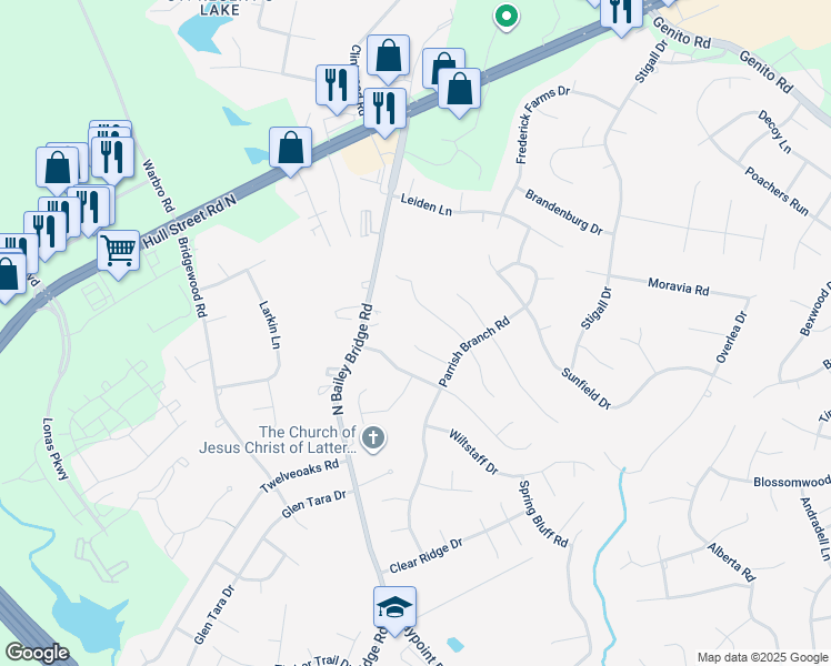 map of restaurants, bars, coffee shops, grocery stores, and more near 11632 Parrish Branch Circle in Midlothian
