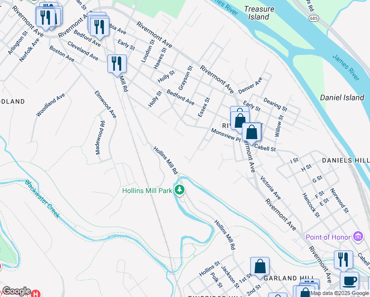 map of restaurants, bars, coffee shops, grocery stores, and more near 800 David Street in Lynchburg