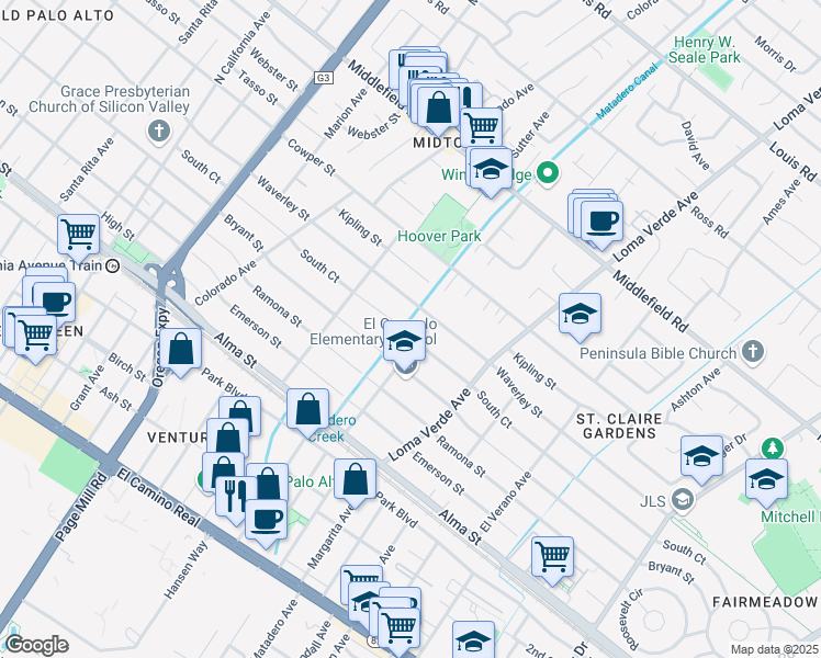 map of restaurants, bars, coffee shops, grocery stores, and more near 2961 South Court in Palo Alto