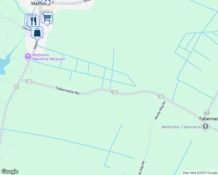 map of restaurants, bars, coffee shops, grocery stores, and more near 731 Tabernacle Road in Mathews