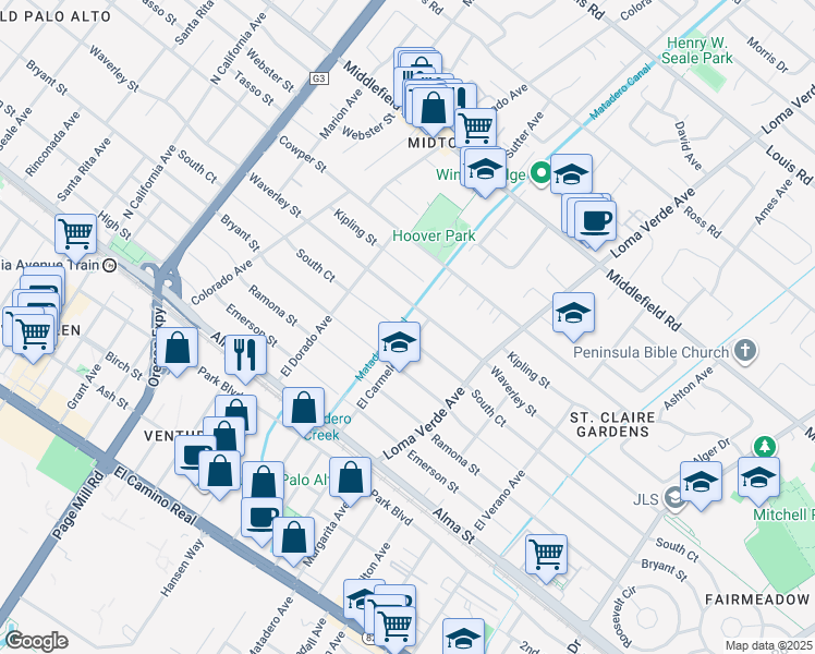 map of restaurants, bars, coffee shops, grocery stores, and more near 2961 South Court in Palo Alto