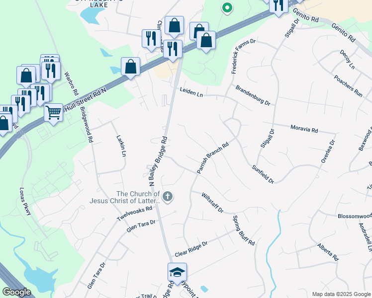 map of restaurants, bars, coffee shops, grocery stores, and more near 11632 Parrish Branch Circle in Midlothian