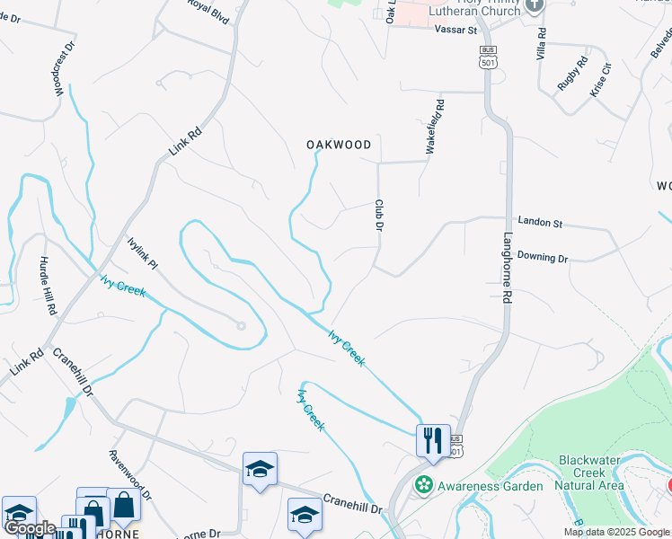 map of restaurants, bars, coffee shops, grocery stores, and more near 1520 Club Terrace in Lynchburg