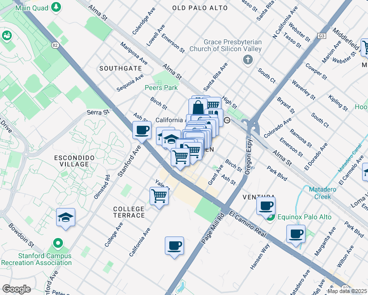 map of restaurants, bars, coffee shops, grocery stores, and more near 350 Cambridge Avenue in Palo Alto