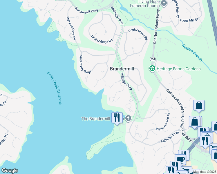 map of restaurants, bars, coffee shops, grocery stores, and more near 13612 Northwich Terrace in Midlothian