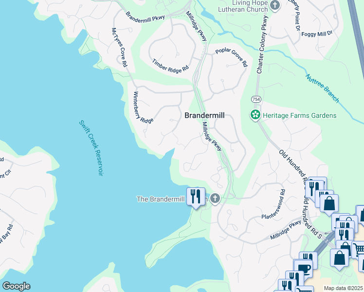 map of restaurants, bars, coffee shops, grocery stores, and more near 13612 Northwich Terrace in Midlothian