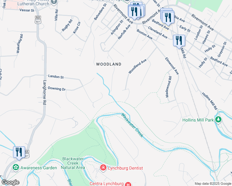 map of restaurants, bars, coffee shops, grocery stores, and more near 405 Randolph Place East in Lynchburg