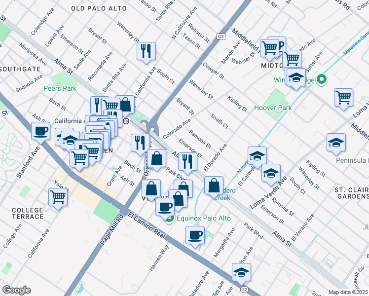 map of restaurants, bars, coffee shops, grocery stores, and more near 2534 Emerson Street in Palo Alto