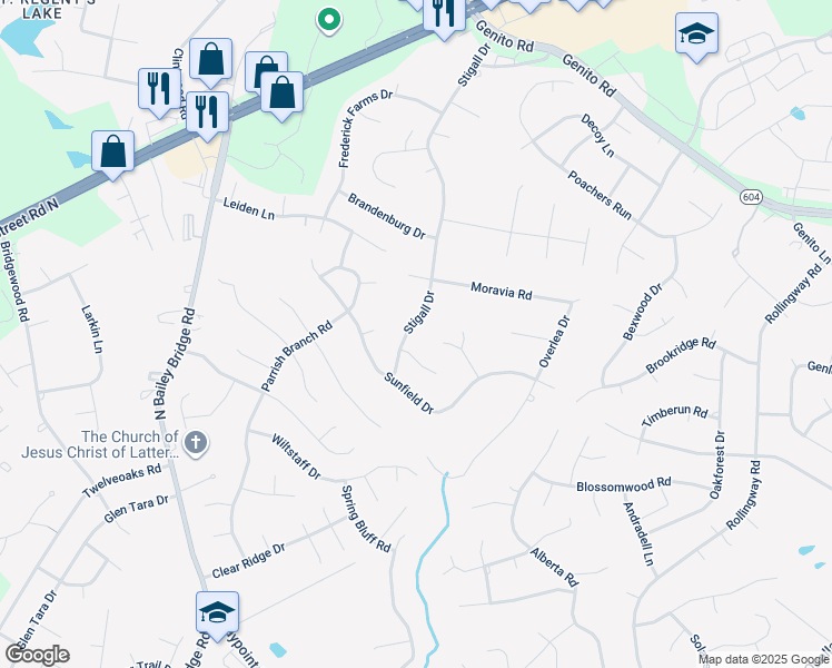 map of restaurants, bars, coffee shops, grocery stores, and more near 4509 Stigall Drive in Midlothian