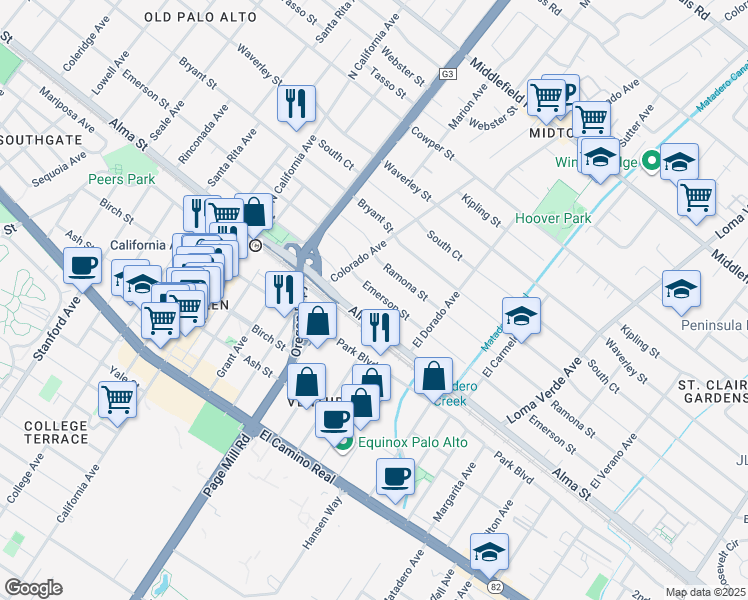 map of restaurants, bars, coffee shops, grocery stores, and more near 2534 Emerson Street in Palo Alto