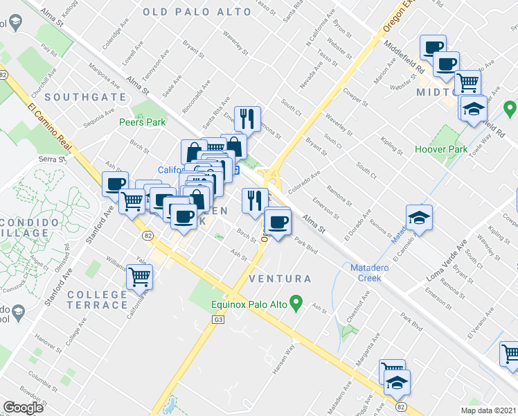 map of restaurants, bars, coffee shops, grocery stores, and more near 2577 Park Boulevard in Palo Alto