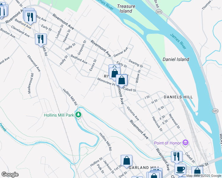 map of restaurants, bars, coffee shops, grocery stores, and more near 1301 Monsview Place in Lynchburg
