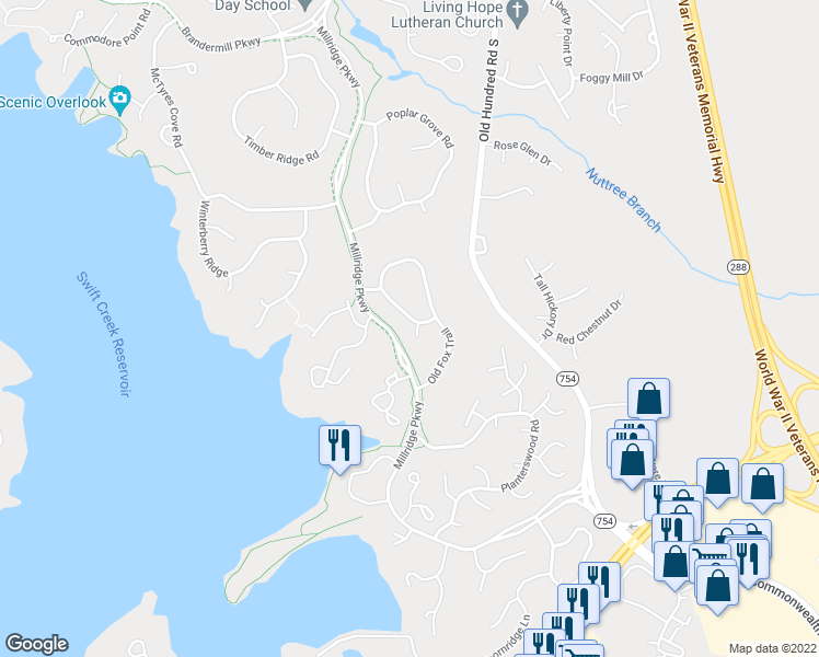 map of restaurants, bars, coffee shops, grocery stores, and more near 4461 Old Fox Trail in Midlothian