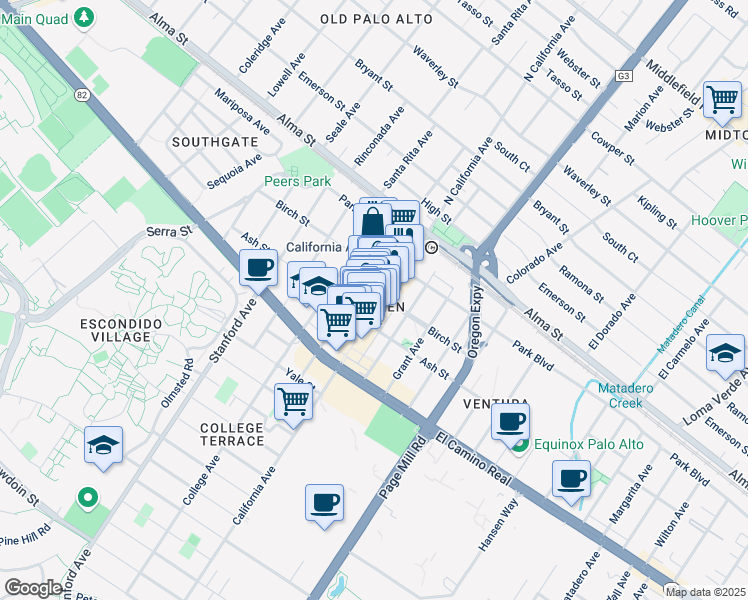 map of restaurants, bars, coffee shops, grocery stores, and more near 350 Cambridge Avenue in Palo Alto