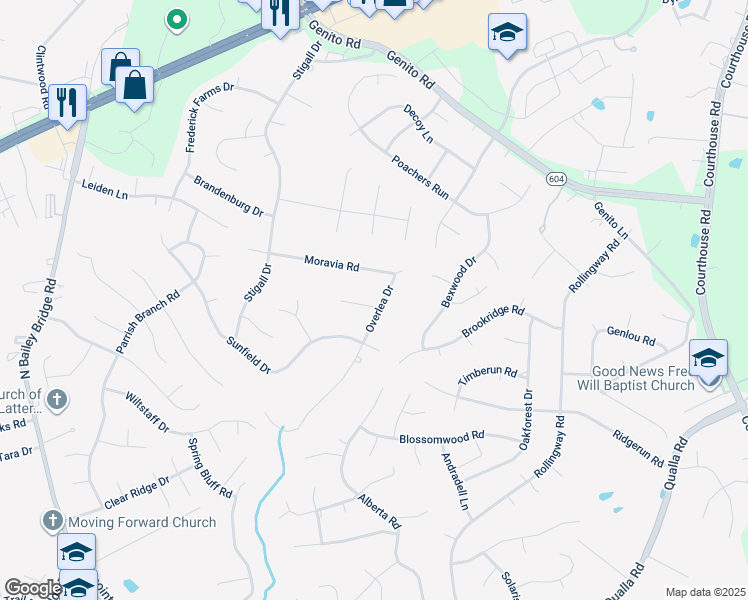 map of restaurants, bars, coffee shops, grocery stores, and more near 4524 Overlea Drive in Midlothian