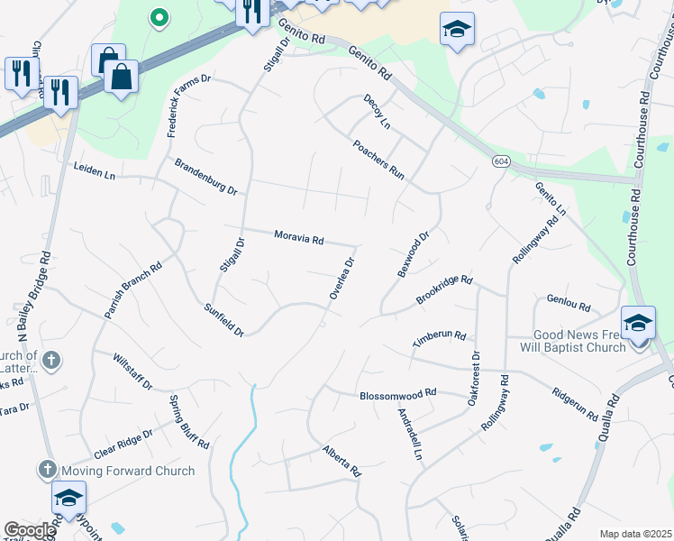 map of restaurants, bars, coffee shops, grocery stores, and more near 4524 Overlea Drive in Midlothian