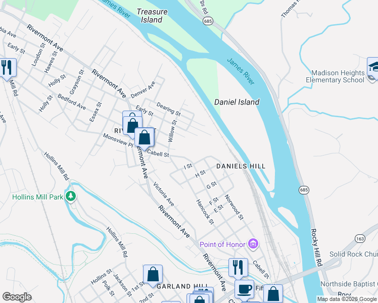 map of restaurants, bars, coffee shops, grocery stores, and more near 797 Early St in Lynchburg