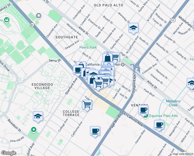 map of restaurants, bars, coffee shops, grocery stores, and more near 390 College Avenue in Palo Alto