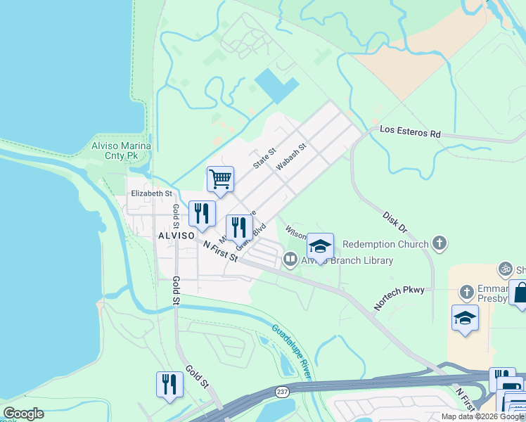 map of restaurants, bars, coffee shops, grocery stores, and more near 1330 Michigan Avenue in San Jose