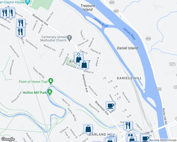 map of restaurants, bars, coffee shops, grocery stores, and more near 1024 Cabell Street in Lynchburg