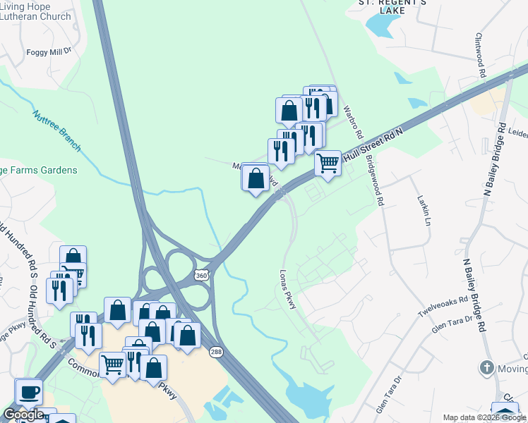 map of restaurants, bars, coffee shops, grocery stores, and more near 12529 Hull Street Road North in Midlothian