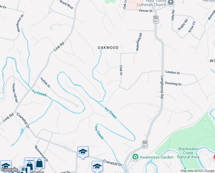 map of restaurants, bars, coffee shops, grocery stores, and more near 1520 Club Terrace in Lynchburg