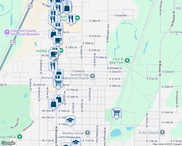 map of restaurants, bars, coffee shops, grocery stores, and more near 503 East 22nd Street in Pittsburg