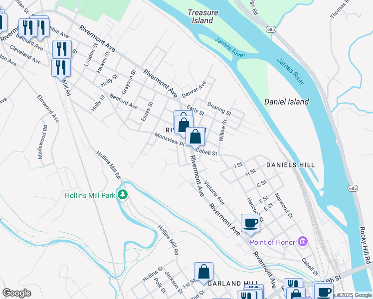 map of restaurants, bars, coffee shops, grocery stores, and more near 1129 Rivermont Avenue in Lynchburg