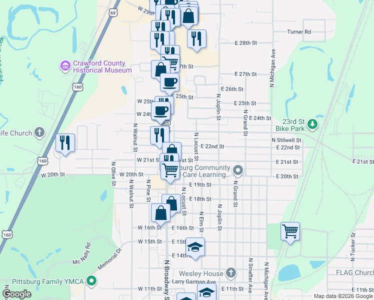 map of restaurants, bars, coffee shops, grocery stores, and more near 2201-2249 N Locust St in Pittsburg