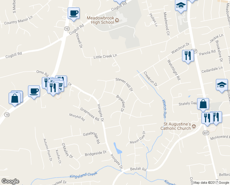 map of restaurants, bars, coffee shops, grocery stores, and more near 6619 Bryanbell Drive in Richmond
