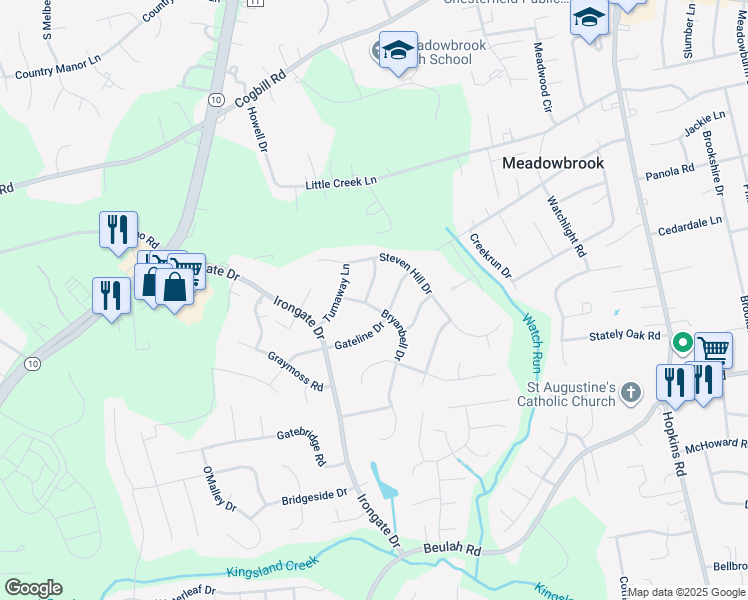 map of restaurants, bars, coffee shops, grocery stores, and more near 6619 Bryanbell Drive in Richmond