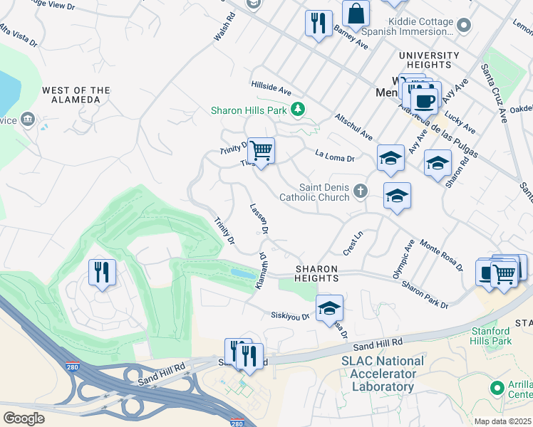 map of restaurants, bars, coffee shops, grocery stores, and more near 980 Lassen Drive in Menlo Park