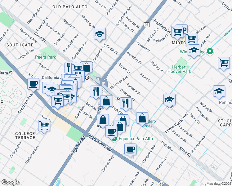 map of restaurants, bars, coffee shops, grocery stores, and more near 2537 Alma Street in Palo Alto