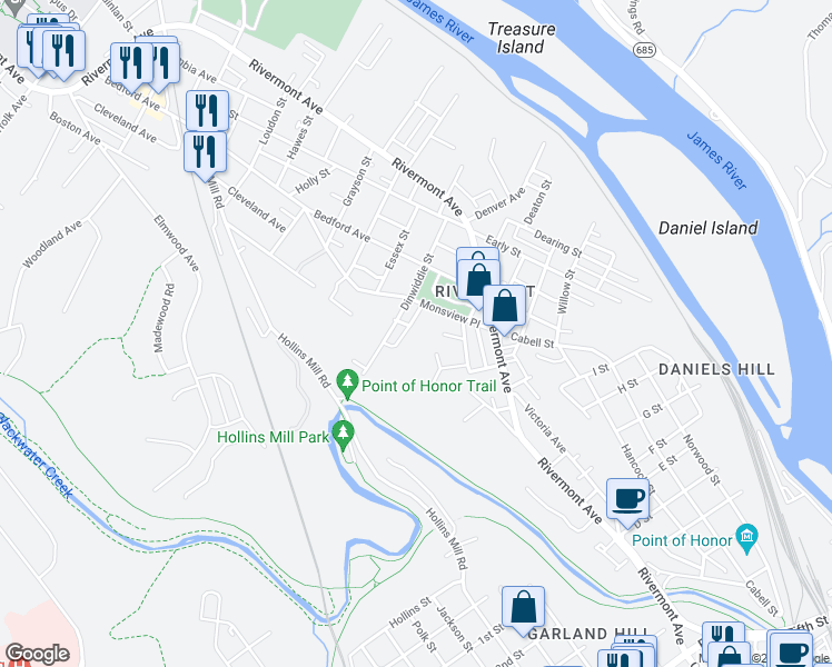 map of restaurants, bars, coffee shops, grocery stores, and more near 1500 Esmond Street in Lynchburg