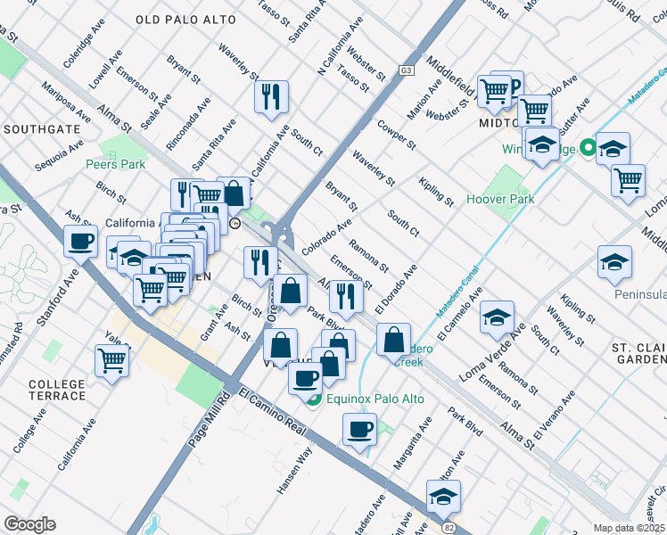 map of restaurants, bars, coffee shops, grocery stores, and more near 2590 Emerson Street in Palo Alto
