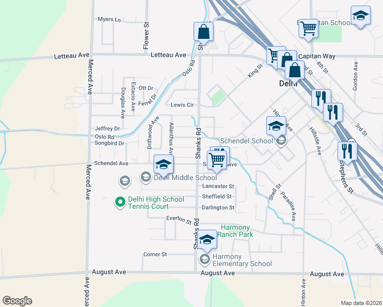 map of restaurants, bars, coffee shops, grocery stores, and more near 16481 Dogwood Court in Delhi