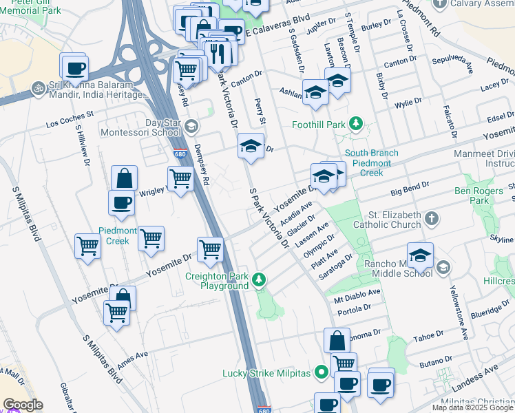 map of restaurants, bars, coffee shops, grocery stores, and more near 517 Bryce Court in Milpitas