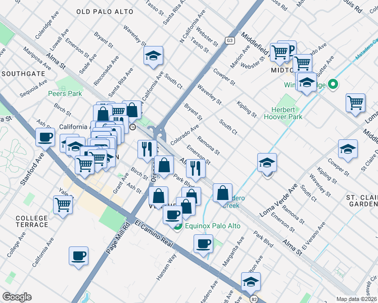 map of restaurants, bars, coffee shops, grocery stores, and more near 2534 Emerson Street in Palo Alto