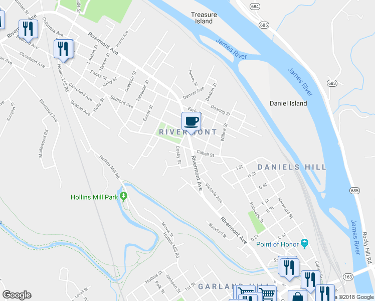 map of restaurants, bars, coffee shops, grocery stores, and more near 1212 Rivermont Avenue in Lynchburg