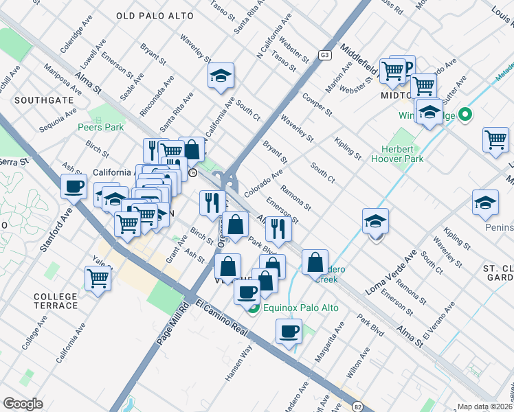 map of restaurants, bars, coffee shops, grocery stores, and more near 2537 Alma Street in Palo Alto
